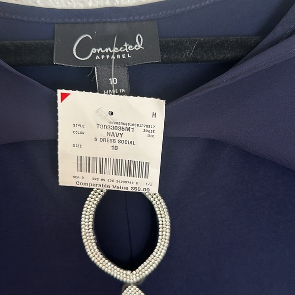 Navy blue mid length formal gown with sheer cape, draping around front and back - Picture 5 of 9